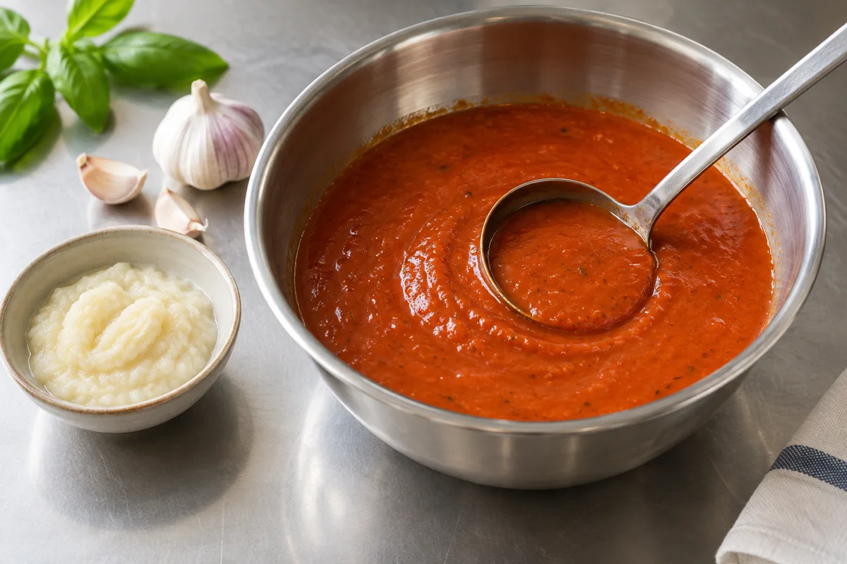 Illustrative sauce preparation with a bowl of garlic purée